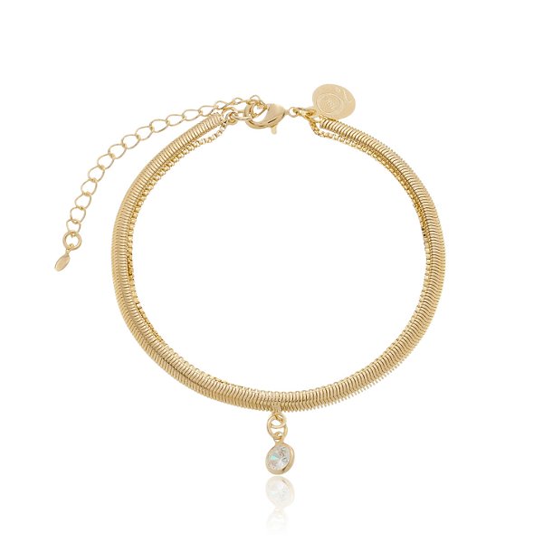 Pulseira Dupla Malha Snake Com Cristal Banho Ouro 18k