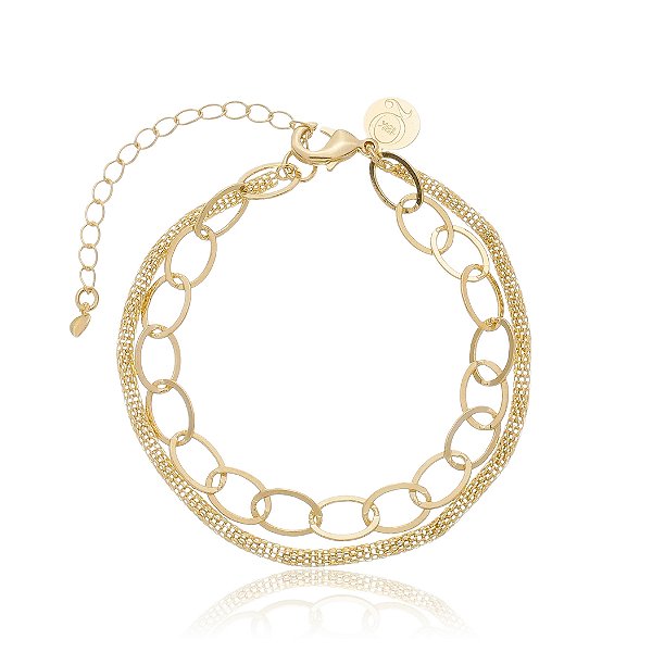 Pulseira Dupla Com Elos Ovais e Malha Roliça Banho Ouro 18k