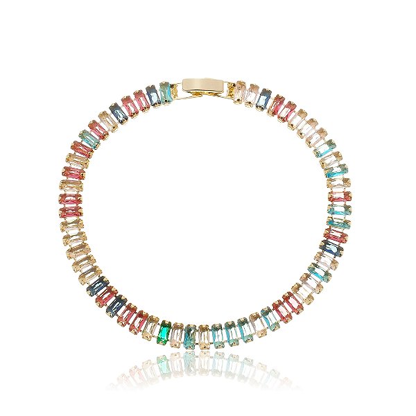 Pulseira Baguete Com Cristais Multicor Banho Ouro 18k