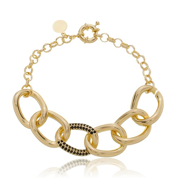 Pulseira Elos Largos Com Zircônias Pretas Banho Ouro 18k