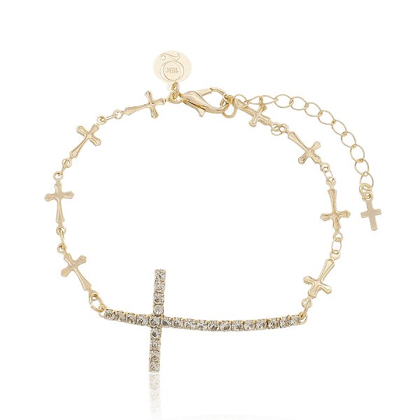 Pulseira Cruz Cravejada Com Zircônias Banho Ouro 18k