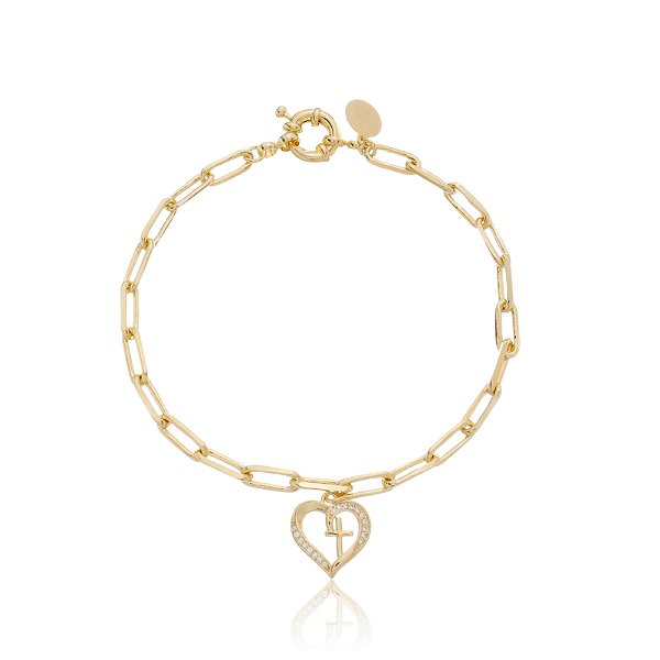 Pulseira Coração com Cruz Banho Ouro 18k