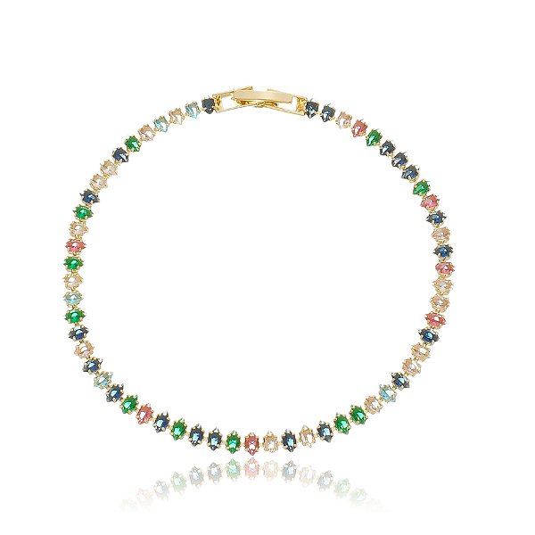 Pulseira Cravejada Com Zircônias Multicor Banho Ouro 18k
