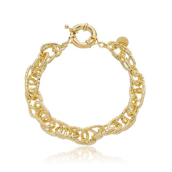 Pulseira Elos Triplos Detalhados Banho Ouro 18k