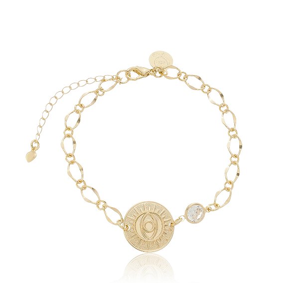 Pulseira Medalha Olho Grego com Cristal Banho Ouro 18k
