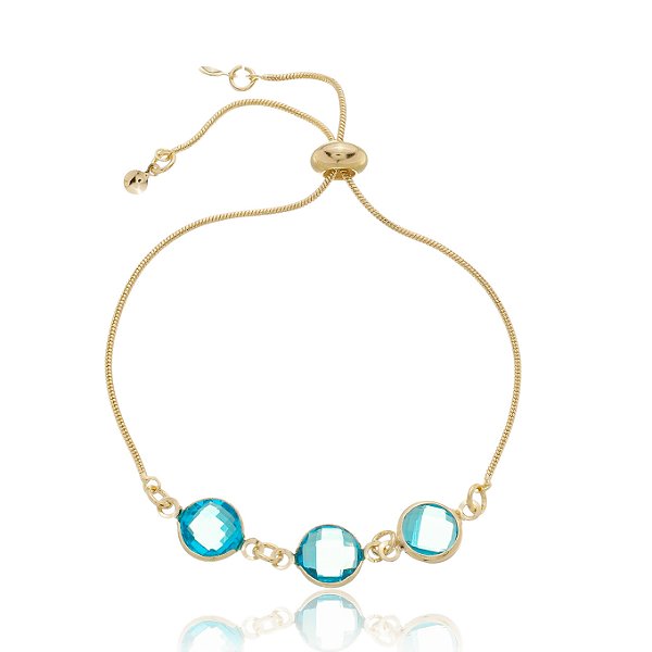 Pulseira Regulável Cristal Azul Banho Ouro 18k