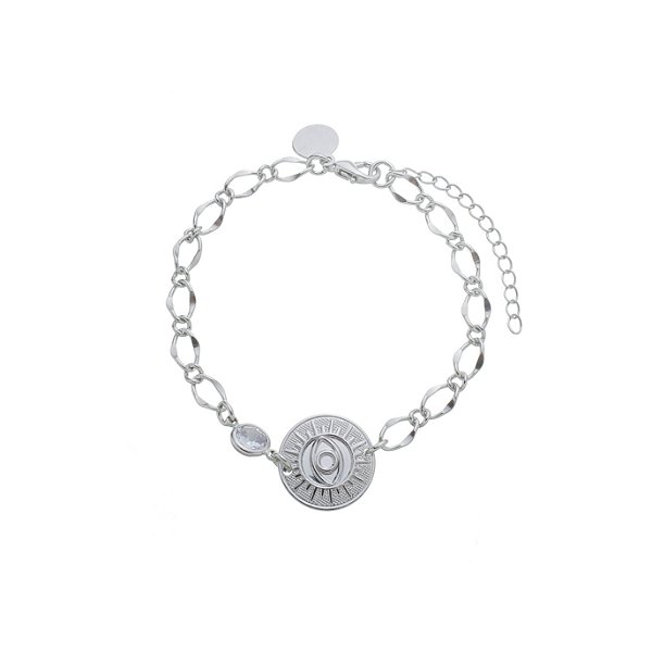 Pulseira Medalha Olho Grego com Cristal Banho Ródio Branco