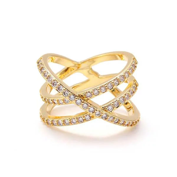 Anel 3 Fios Cravejados Cruzados Folheado a Ouro 18K