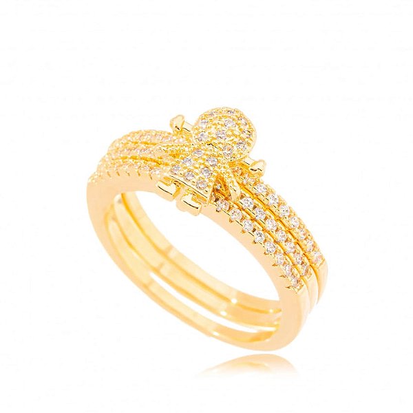 Anel 3 Fios Cravejados Menina Folheado a Ouro 18K