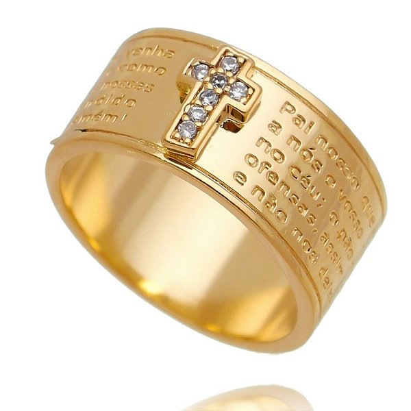 Anel Aliança Cruz Cravejada Em Relevo Oração Pai Nosso Folheado a Ouro 18K