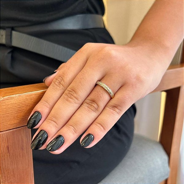 Anel Aliança Dois Fios Cravejados Médio E Um Fio Liso Meio Folheado a Ouro 18K