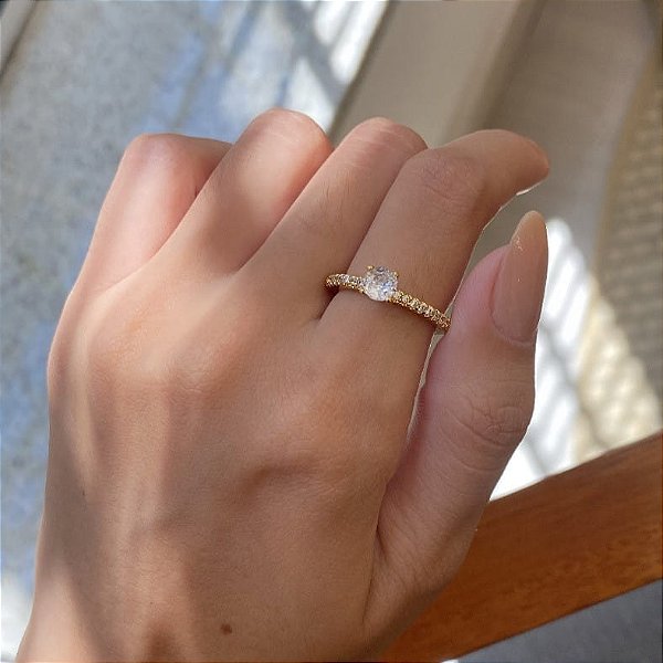 Anel Aparador Cravejado E Zircônia Solitária Folheado a Ouro 18K