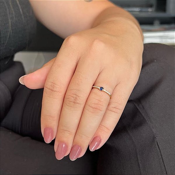 Anel Aparador E Solitário Azul Folheado a Ouro 18K