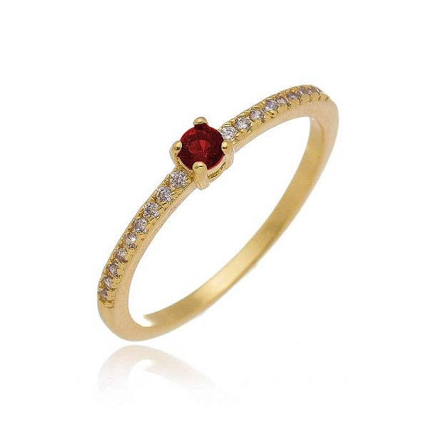 Anel Aparador E Solitário Vermelho Folheado a Ouro 18K