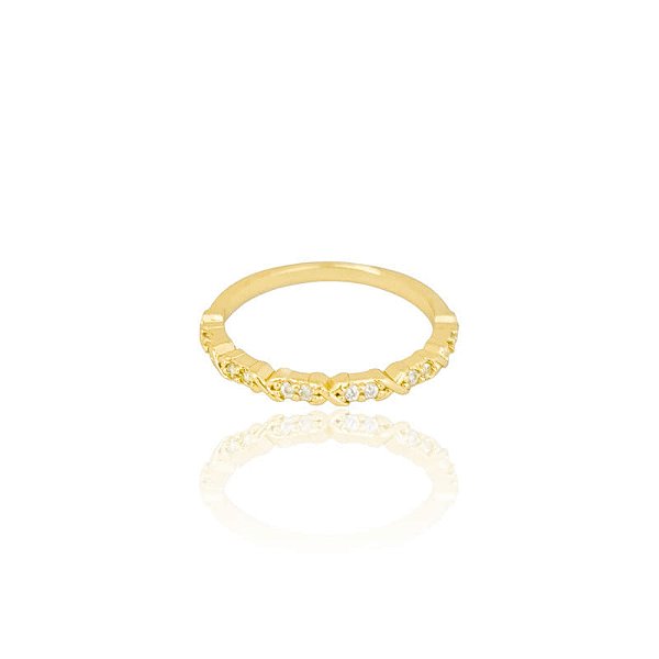 Anel Aparador Zircônias Cristal E Detalhes Em X Folheado a Ouro 18K