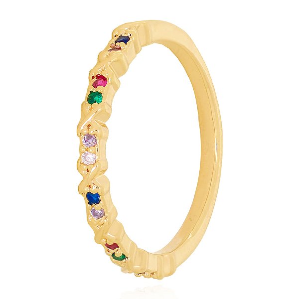 Anel Aparador Zircônias Rainbow E Detalhes Em X Folheado a Ouro 18K