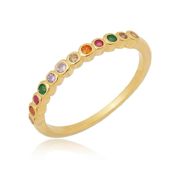 Anel Aparador Zircônias Rainbow Redondas Folheado a Ouro 18K