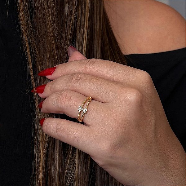 Anel Aro Duplo Bolinhas Dois Corações Alinhados Folheado a Ouro 18K