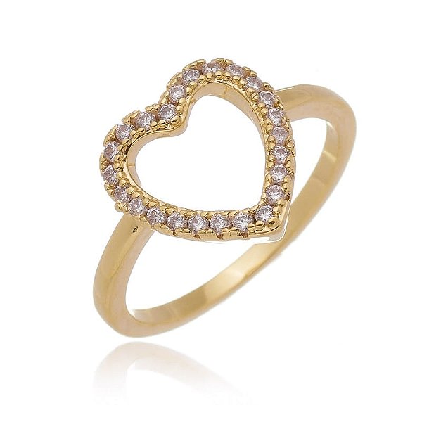 Anel Coração Alongado Vazado Borda Cravejada Folheado a Ouro 18K