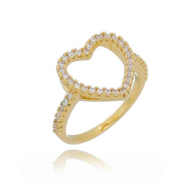Anel Coração Grande Vazado Borda Cravejada Folheado a Ouro 18K