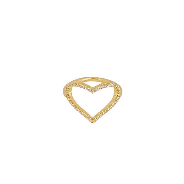 Anel Coração Grande Vazado Cravejado Folheado a Ouro 18K