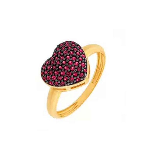 Anel Coração Pavê Rosa Abaulado Folheado a Ouro 18K
