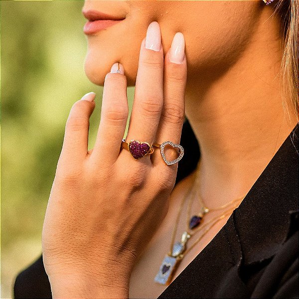 Anel Coração Pavê Rosa Grande Folheado a Ouro 18K