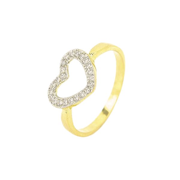 Anel Coração Vazado Cravejado Aro Liso Folheado a Ouro 18K