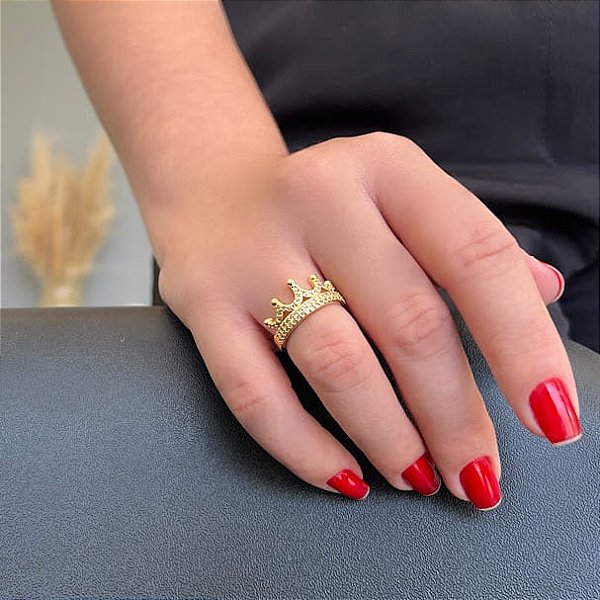 Anel Coroa Cravejado Base Dupla 5 Pontas Folheado a Ouro 18K