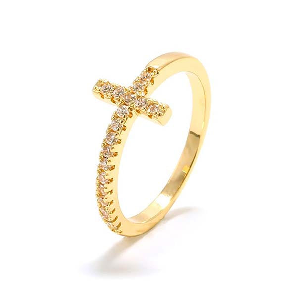 Anel Cruz Cravejada Horizontal Folheado a Ouro 18K