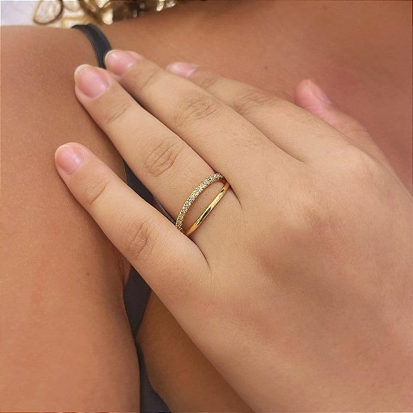 Anel Duplo Fio Liso E Cravejado Folheado a Ouro 18K