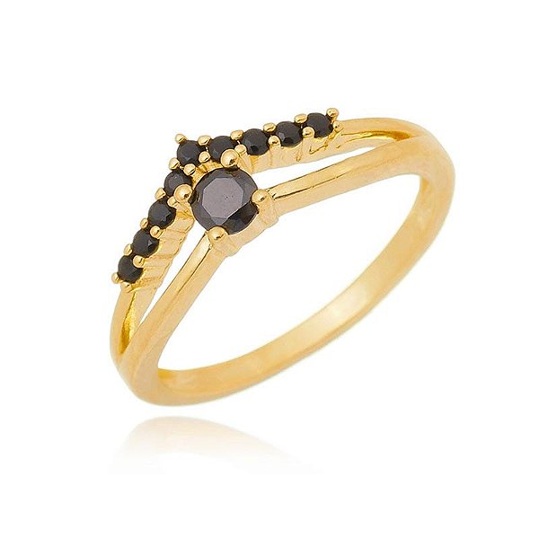 Anel Duplo V Zircônias Negras Folheado a Ouro 18K