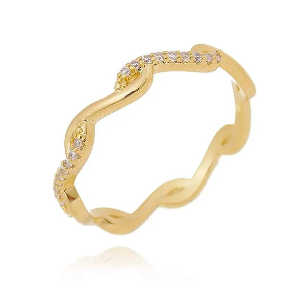 Anel Fio Cravejado E Liso Trançado Folheado a Ouro 18K