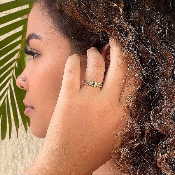 Anel Fio Duplo Bolinhas Dois Corações Paralelos Folheado a Ouro 18K