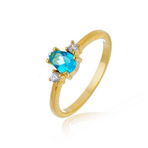 Anel Gota Aquamarine E Duas Zircônias Lateral Folheado a Ouro 18K