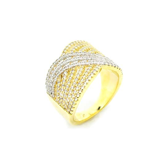 Anel Grosso Fios Cravejados Trançado Folheado a Ouro 18K