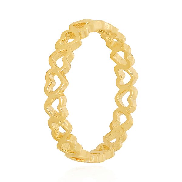 Anel Inteiro Corações Lisos Vazados Folheado a Ouro 18K