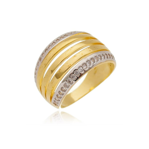 Anel Largo 5 Fios Lisos E Cravejados Com Zircônias Folheado a Ouro 18K