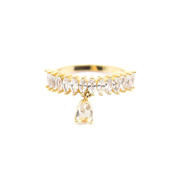 Anel Navetes Cristal Pingente Gota Folheado a Ouro 18K