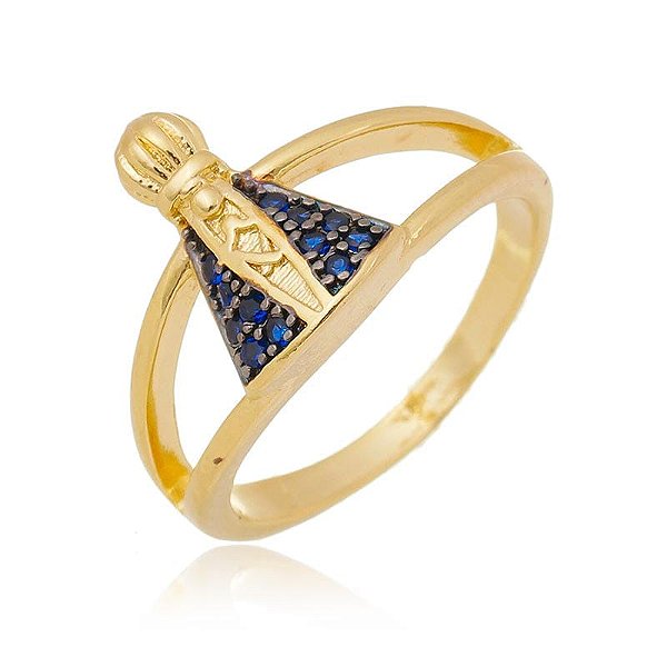 Anel Nossa Senhora Aparecida Manto Azul Lateral Dupla Folheado a Ouro 18K