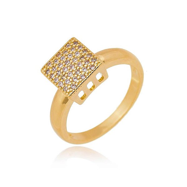 Anel Pavê Quadrado Cristal Folheado a Ouro 18K