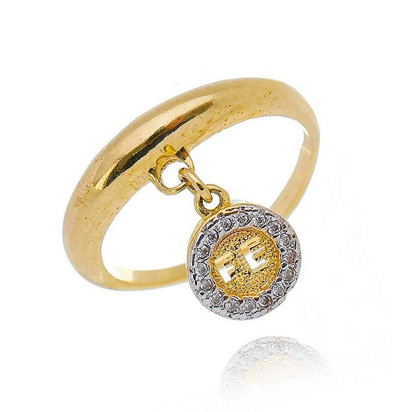 Anel Pingente Medalha Fé Com Borda Cravejado Folheado a Ouro 18K