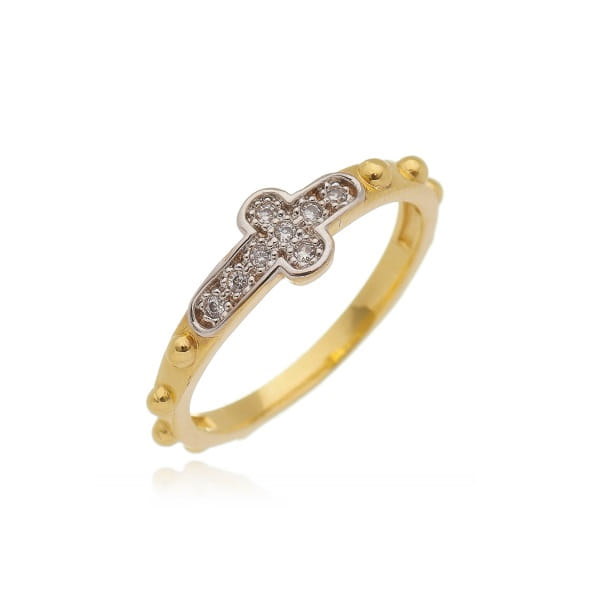 Anel Terço Cruz Cravejada Folheado a Ouro 18K