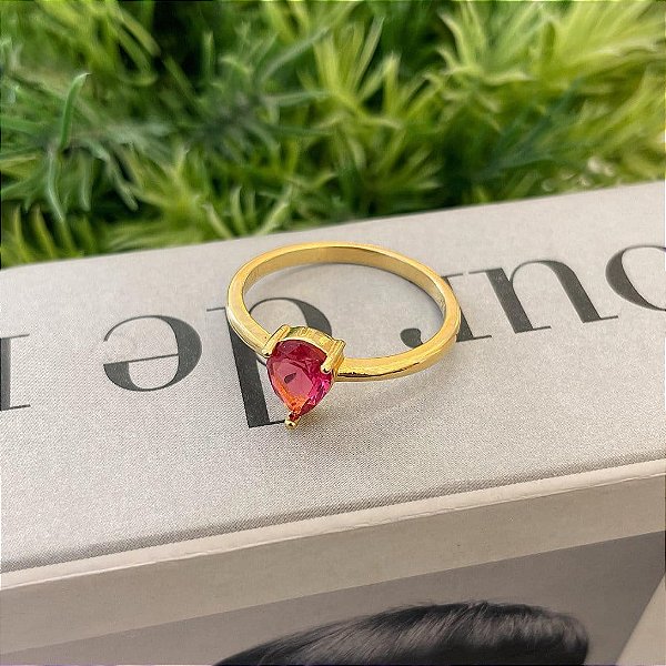 Anel Zircônia Gota Rosa Folheado a Ouro 18K