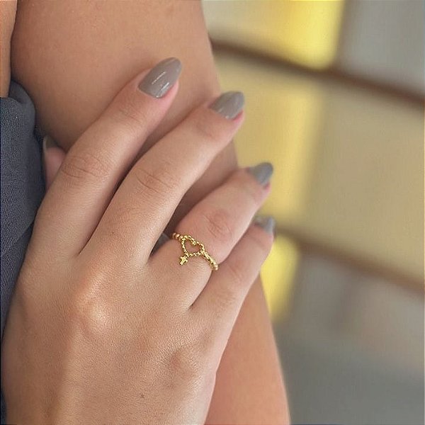 Anel Aro Bolinha Coração E Cruz Folheado a Ouro 18K