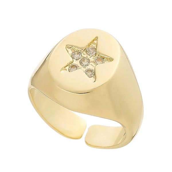Anel Regulável Redondo Estrela Cravejada Folheado a Ouro 18K