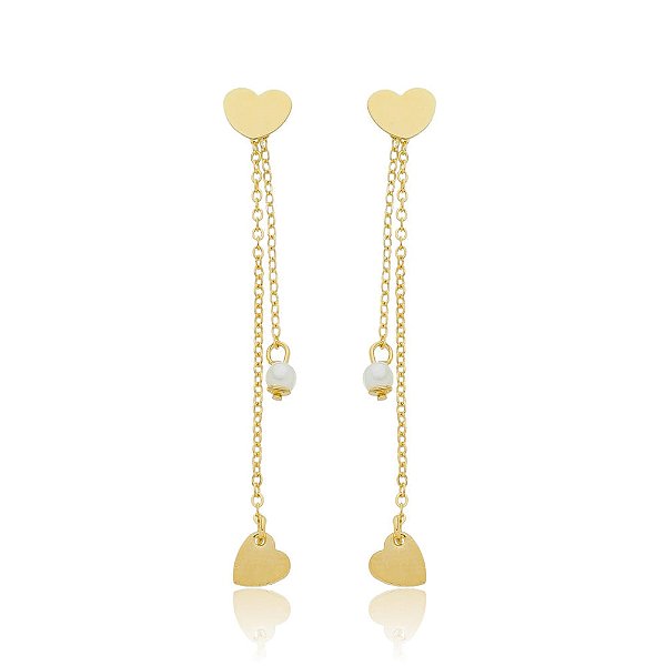 Argola Coração 2 Fios Pingente Coração E Pérola Folheado a Ouro 18K