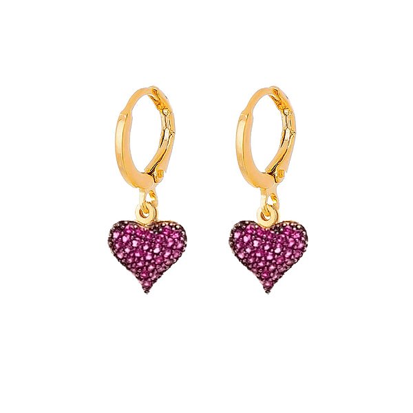 Argola Pingente Coração Cravejado Rosa Folheado a Ouro 18K