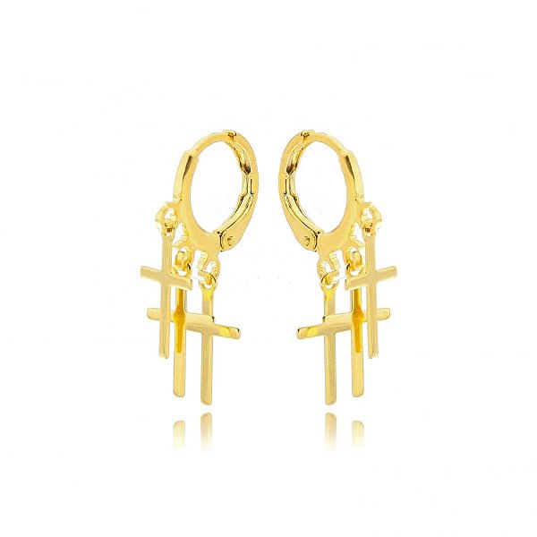 Brinco Argola 3 Cruzes M Folheado a Ouro 18K