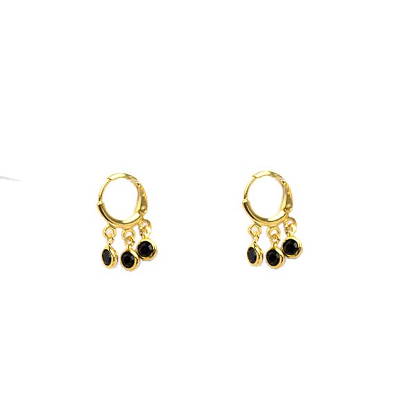 Brinco Argola 3 Zircônias Médio Preto Folheado a Ouro 18K